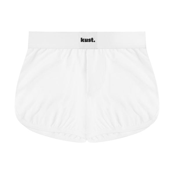Organic cotton white shorts, hybrid of boxer and running shorts. Inspired by 70's classic sport design, translated into modern and comfortable undergarment.